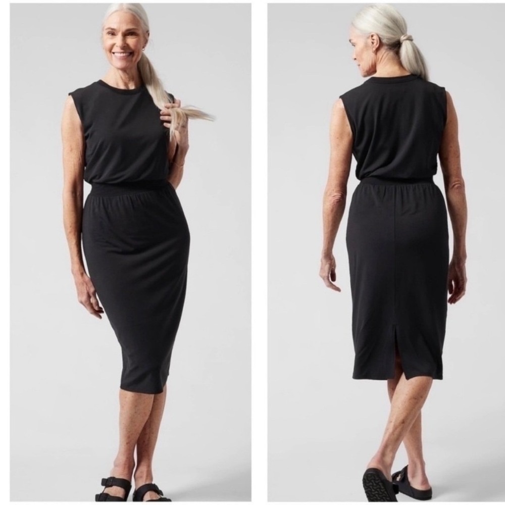 Athleta Santorini Cinch Tank Dress Midi Black Sz XL NEW Athleisure Travel Office